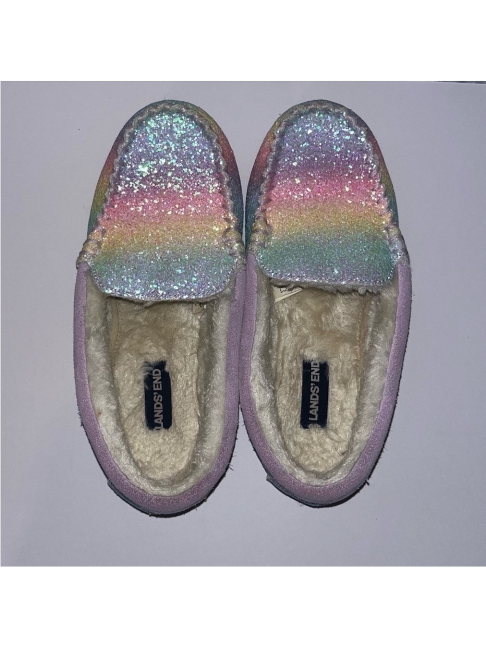 Lands' End Girls' Pastel Rainbow Glitter Moccasin Slippers - Lavender  Size 3